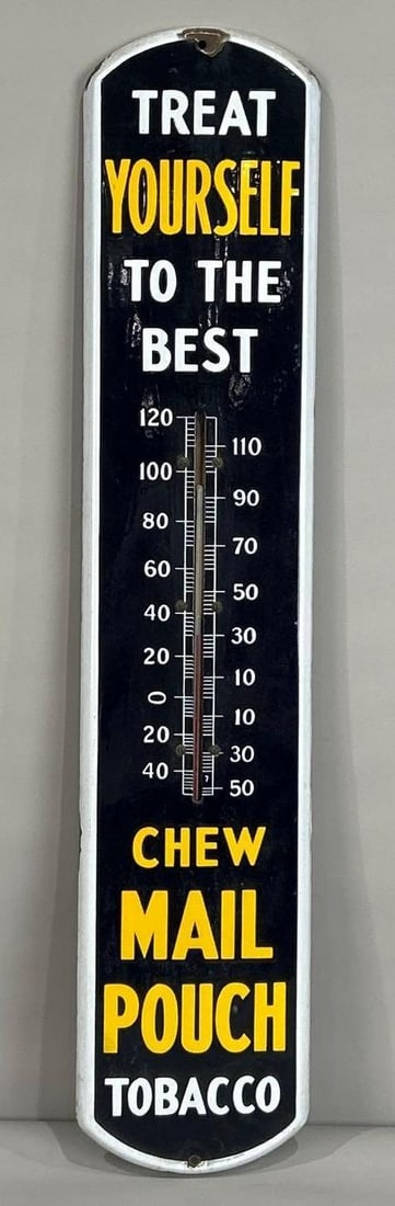 Chew Mail Pouch Tobacco Porcelain Thermometer: Rated 8.9. 8.5" x 39". This SSP thermometer has oxidation throughout the outer field, as well as, porcelain loss at both hanging holes. Thermometer bulb is broke. Rarity 2. TAC #061917