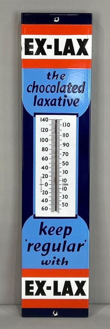 EX- Lax Keep "Regular" With Porcelain Thermometer: Rated 9. 8.25" x 36". This SSP thermometer has excellent color and gloss throughout. Sign shows porcelain loss at the hanging hole and on the outer edge. Tube is working. Rarity 2. TAC #061920
