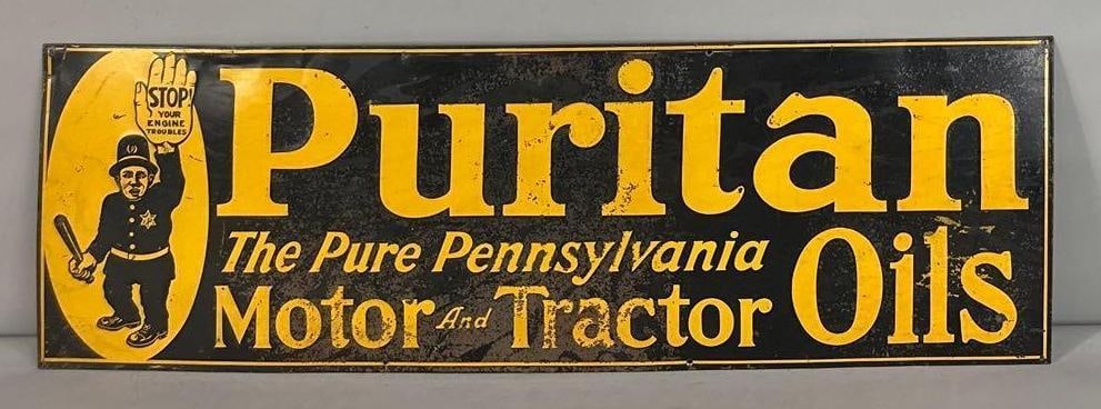 Puritan Motor And Tractor Oil Embossed Tin Sign W/ Cop Graphic. (1 of 4)
