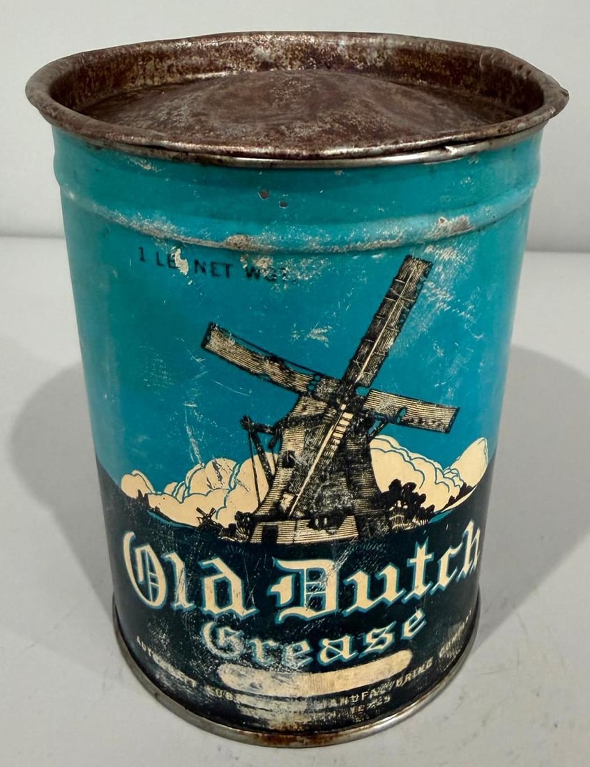 Old Dutch Metal Grease Can: rate 7.5, the one pound metal grease can has good color, shows wear from age and use