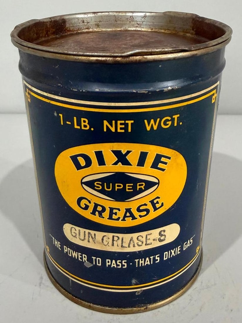 Dixie Super Grease Metal Can: rate 8.25, the one pound metal can has good color and shine, shows wear from age and use and more on the reverse