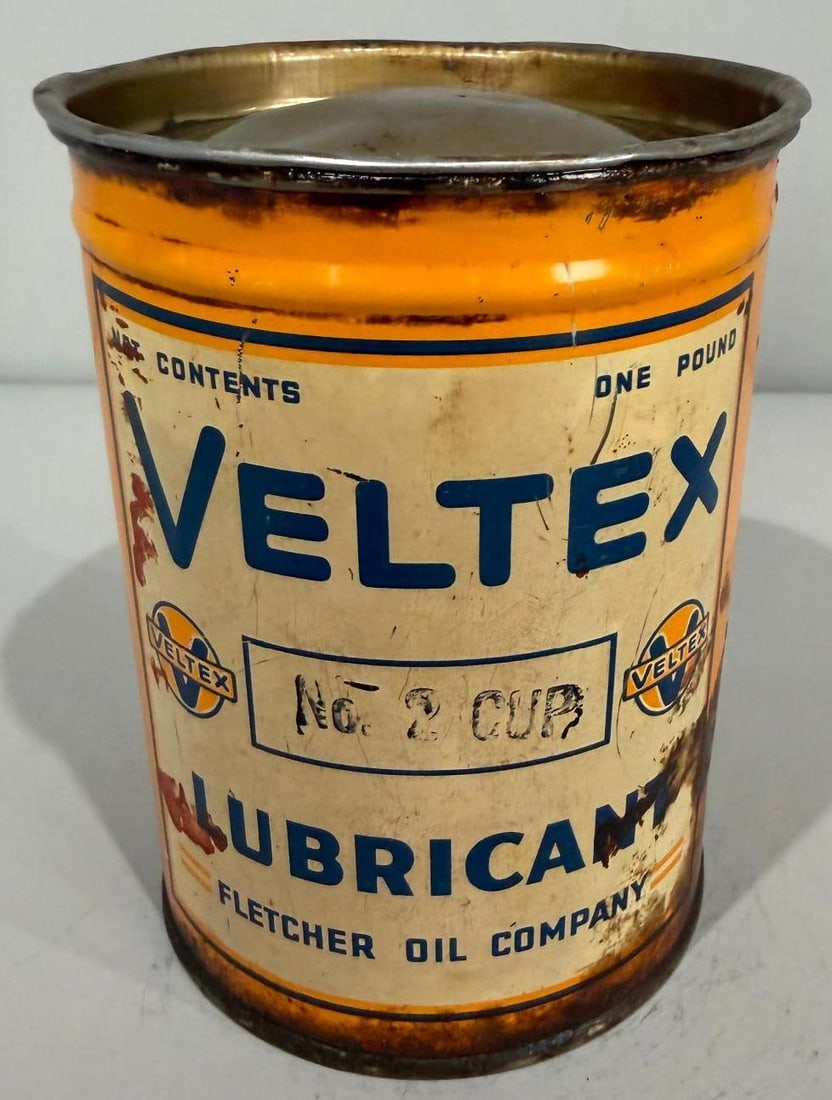 Veltex Metal Grease Can: rate 7.9, the one pound metal grease can has excellent color and shine, shows general wear from age and use