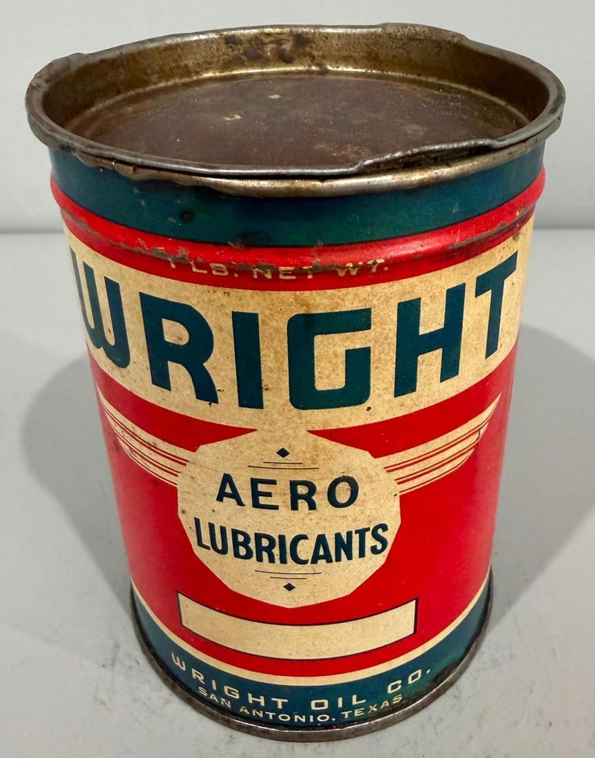 Wright Aero Lubricants Metal Grease Cans: rate 7.75, the one pound metal grease can has good color, shows some wear