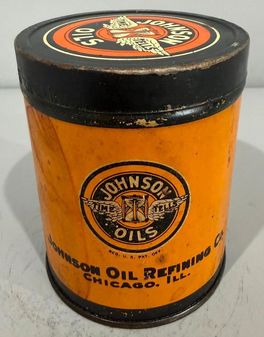 Johnson Oils Metal Grease Can: rate 7.9, the one pound metal grease can has good color, is full, nice can