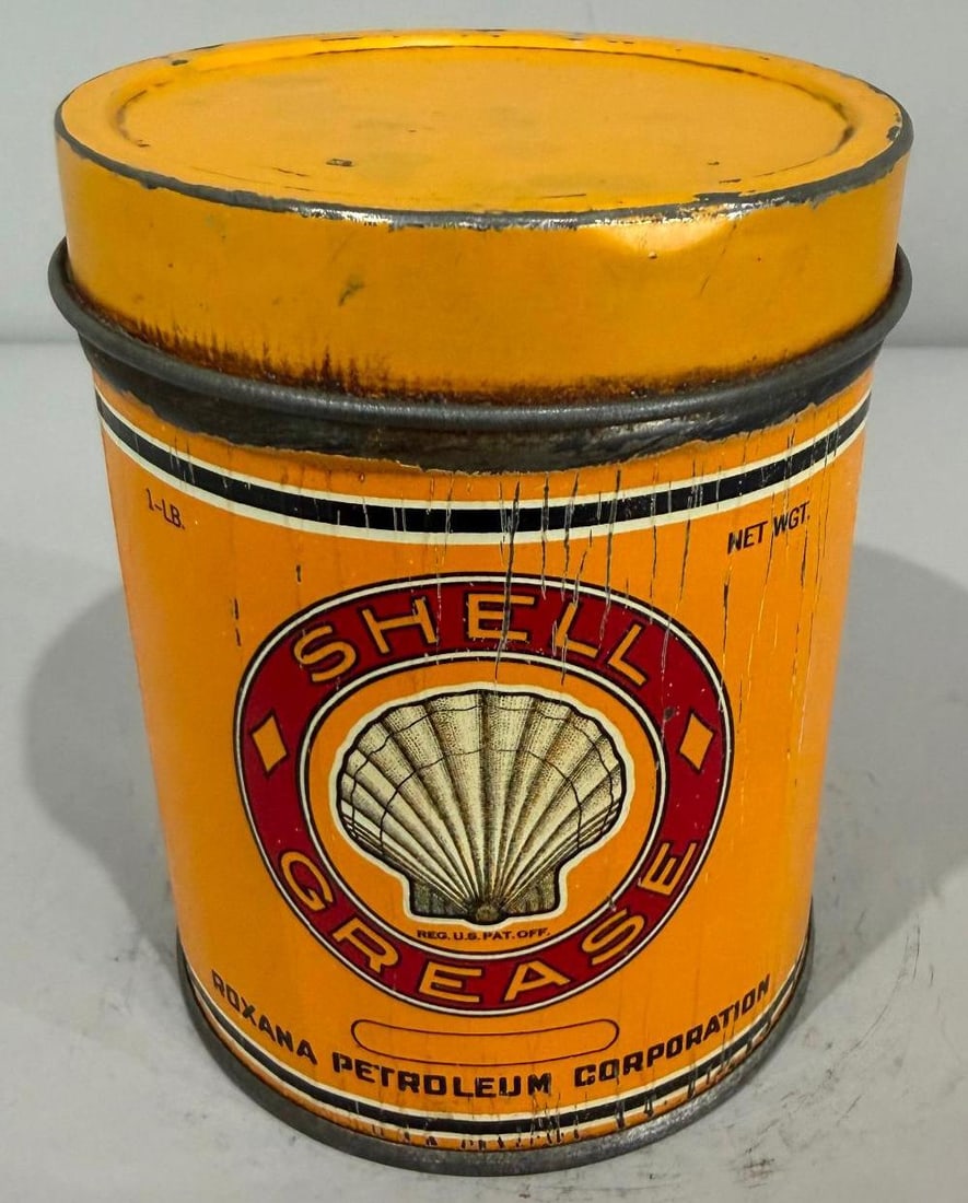 Shell Grease Metal Can: rate 7, the one pound metal grease can has good color and shine, but shows wear from age and use