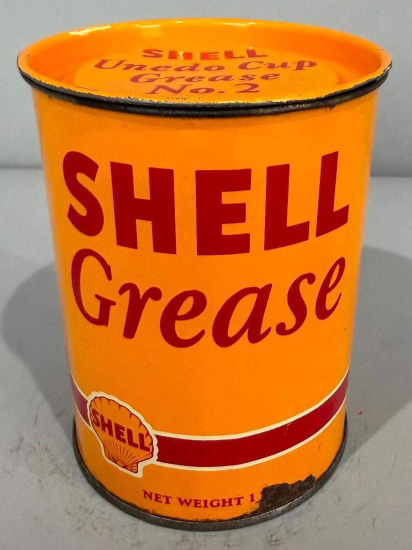 Shell Grease Metal Can: rate 8.5, the one pound metal grease can has great color and shine, shows light wear, is full