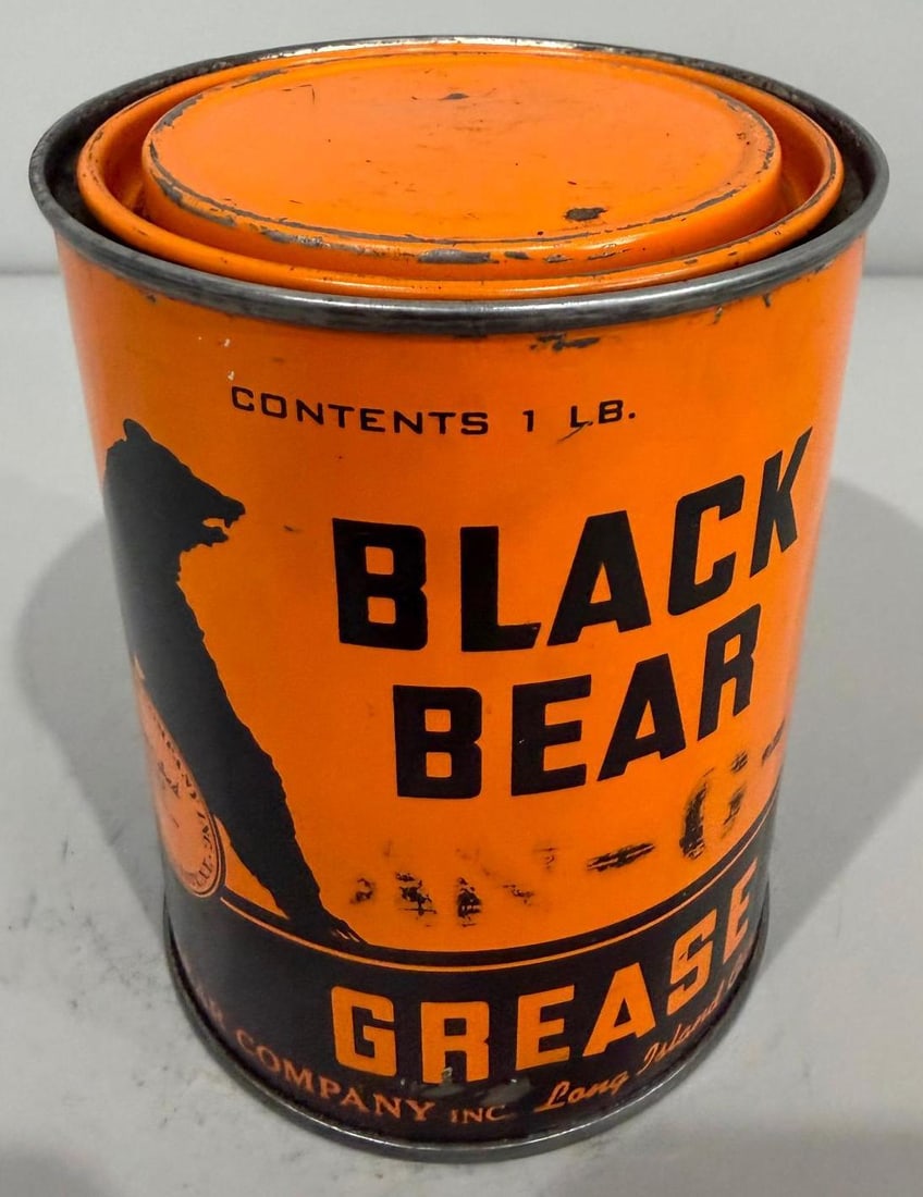 Black Bear Grease Metal Can: rate 8.25, the one pound metal grease can has great color and shine, has nice bear graphics, is full