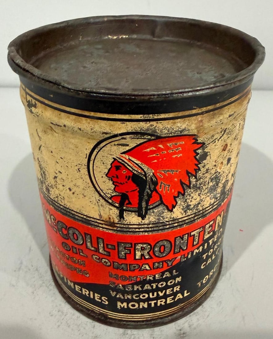 Red Indian Metal Grease Can: rate 6.5, the one pound metal grease can shows wear, is full