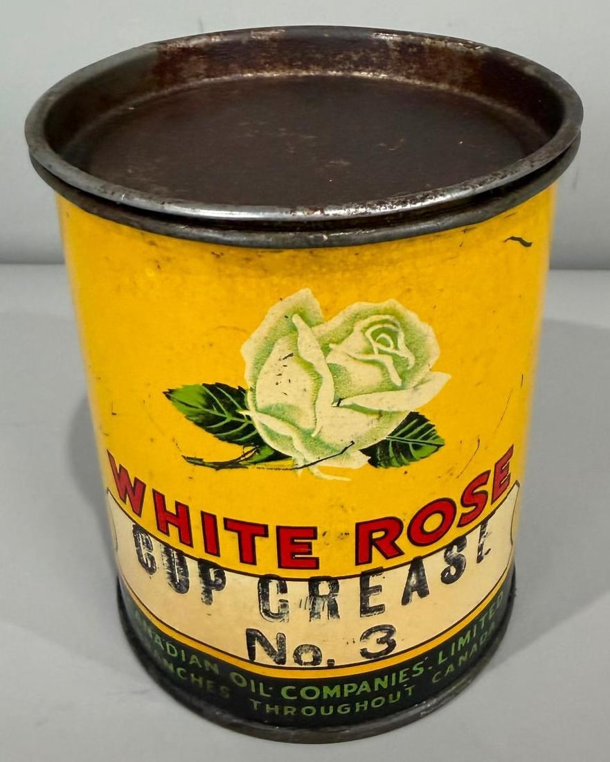White Rose Cup Grease Metal Can: rate 7.9, the one pound metal grease can has good color and shine, shows wear from age and use