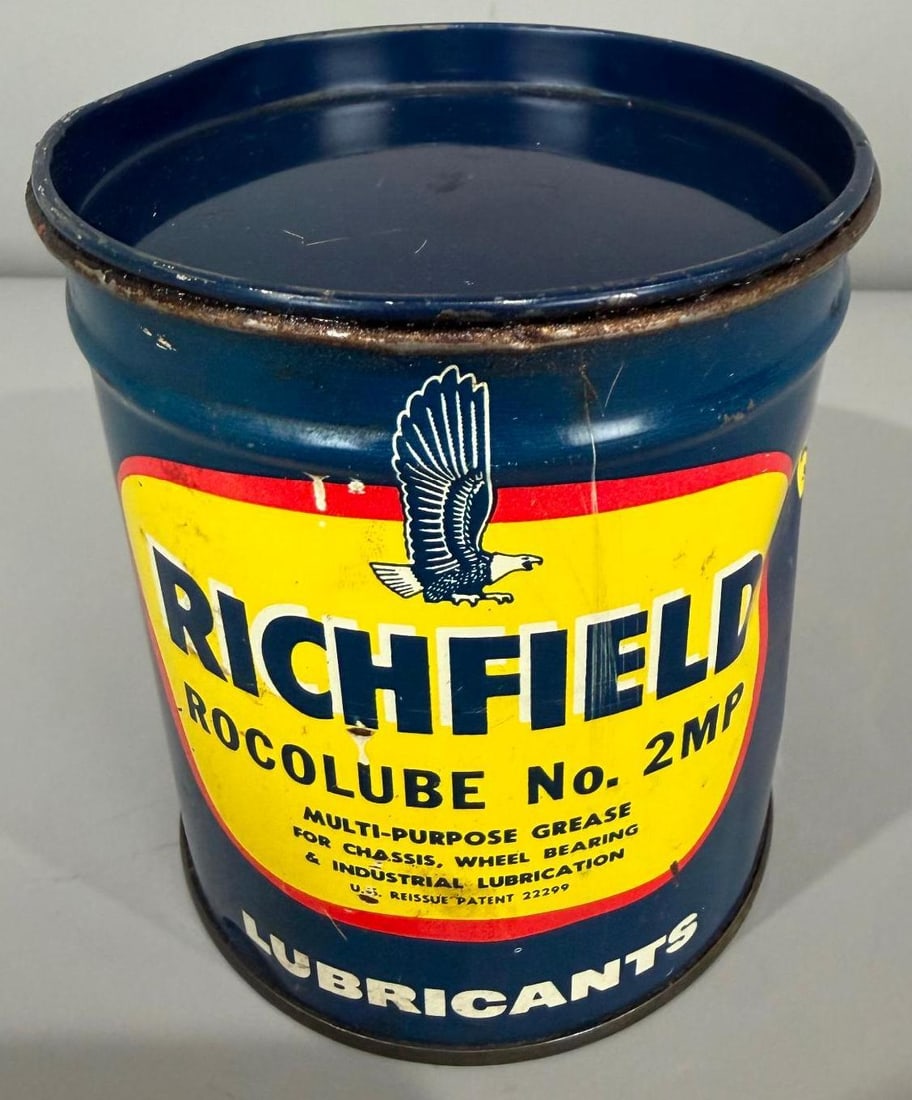 Richfield Lubricants Metal Grease Can: rate 7.9, the one pound metal grease can has excellent color and shine, shows some dents and waves