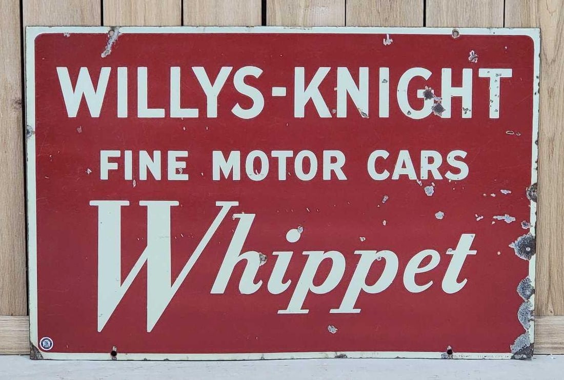 Willys-Knight Fine Motor Cars Whippet Porcelain Sign (TAC): rated 7, 23.75"x36", the DSP sign has good color and some gloss, has wear, fine scratches and chips, sight wave, marked. Rarity 4. TAC #063338