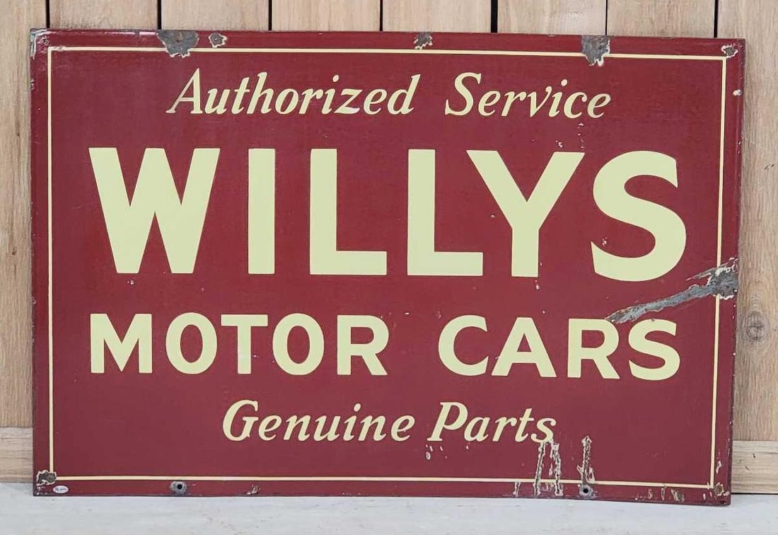 Willys Motor Cars Authorized Service Genuine Parts Porcelain Sign (TAC): rated 7.5, 24"x36", the DSP sign has good color and some gloss, has tiny chips in the fields, has cease in the right-hand field, extra holes at the corners. Rarity 5. TAC #042458