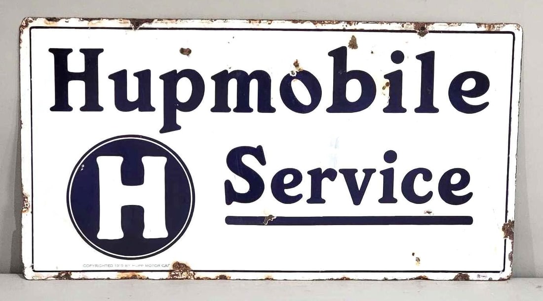 Hupmobile Service w/Logo Porcelain Sign (TAC): rated 7.5, 16"x30", the DSP sign has good color and some gloss, has chips and wear in the field and around the perimeter. Rarity 4. TAC #036631