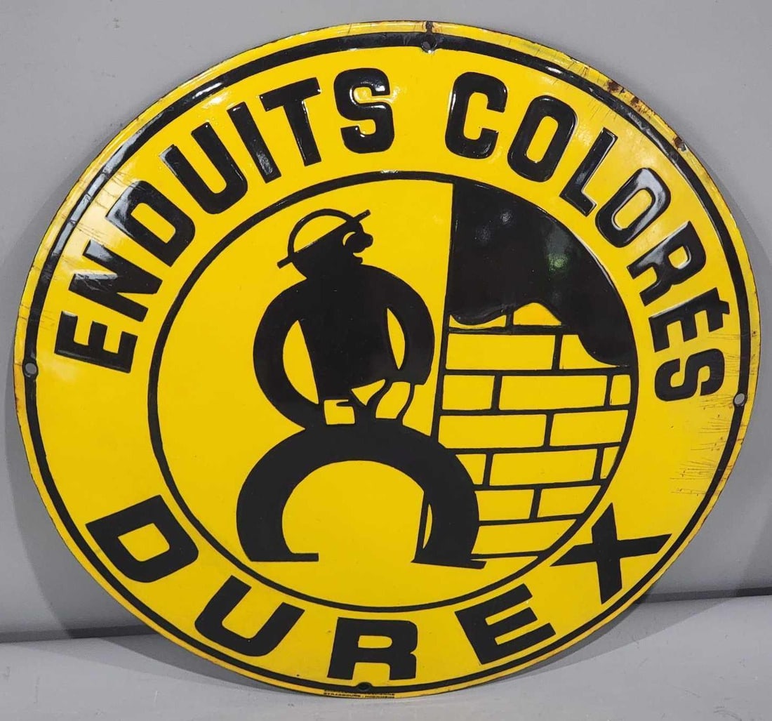Enduits Colores Durex w/Image Porcelain Sign (TAC): rated 9, 15"D., the SSP domed sign has good color and gloss, field is clean, has crazing around the perimeter, marked. TAC #063201