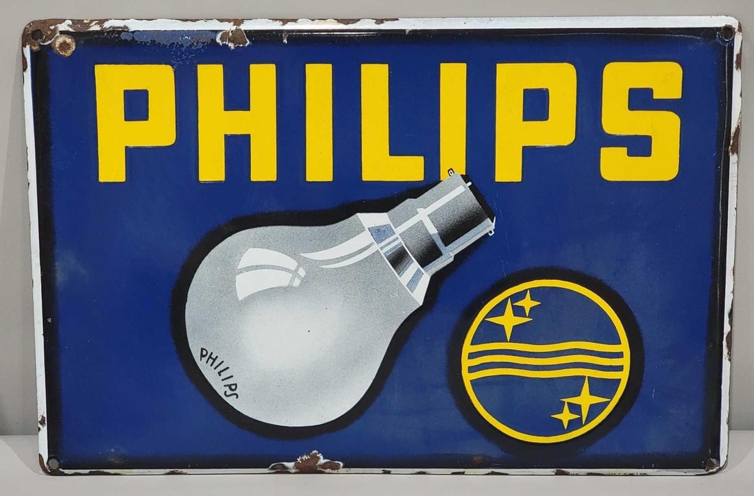 Phillips w/Logo Porcelain Sign (TAC): rated 8.5, 12"x18", the SSP rolled edge sign has good color and gloss, has light wear in the field, has small chips around the perimeter, marked. TAC #063206