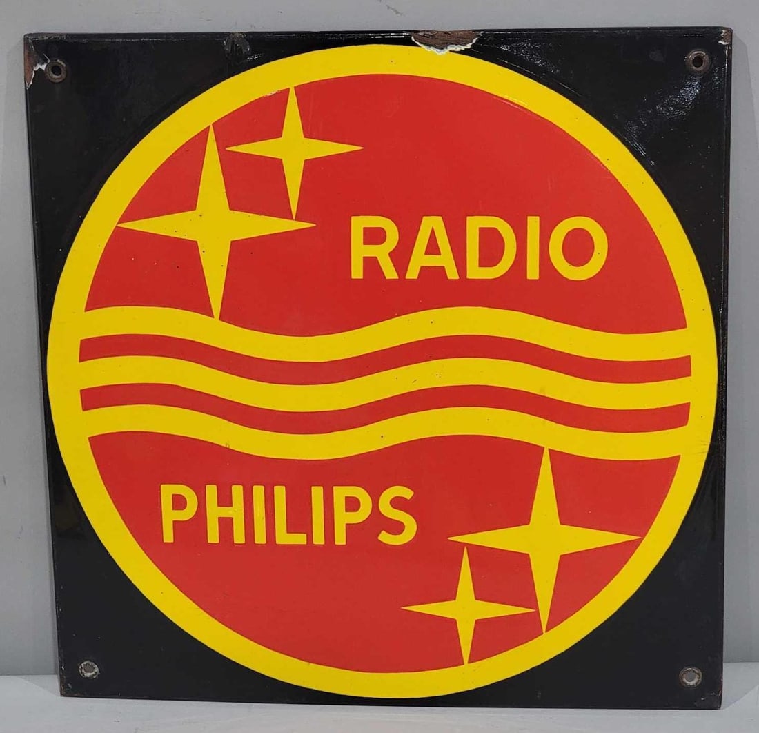 Phillips Radio w/Logo Porcelain Sign (TAC): rated 9, 16"x16", the SSP rolled edge sign has very good color and gloss, field is clean, has small chips around the perimeter. TAC #063208