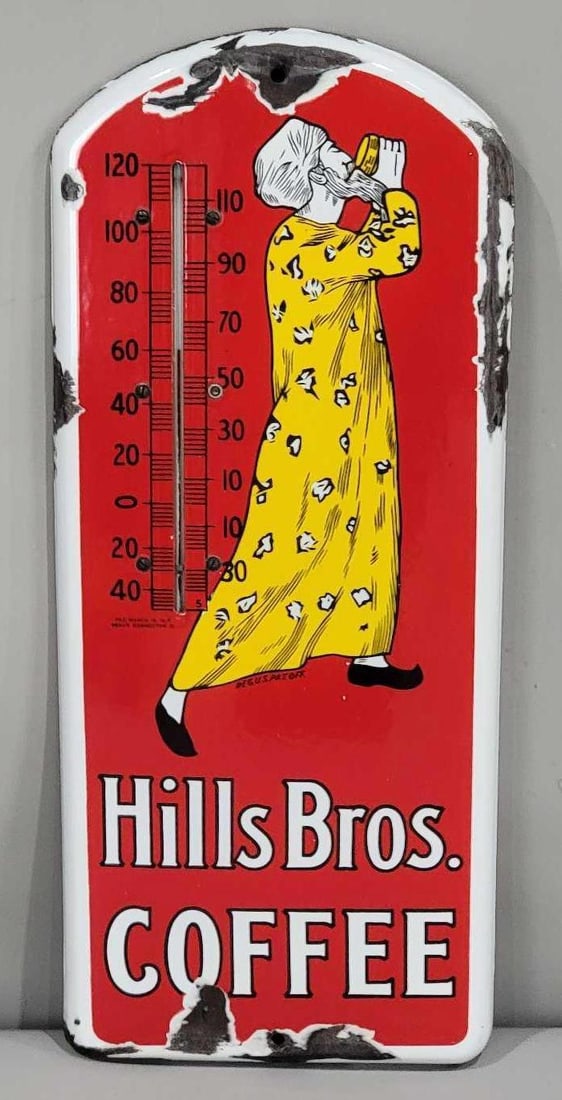 Hills Bros Coffee w/Logo Porcelain Thermometer (TAC): rated 7.5, 21"x8.75', the SSP embossed thermometer has good color and gloss, has large chips around the perimeter, tube is good. Rarity 3. TAC #063314