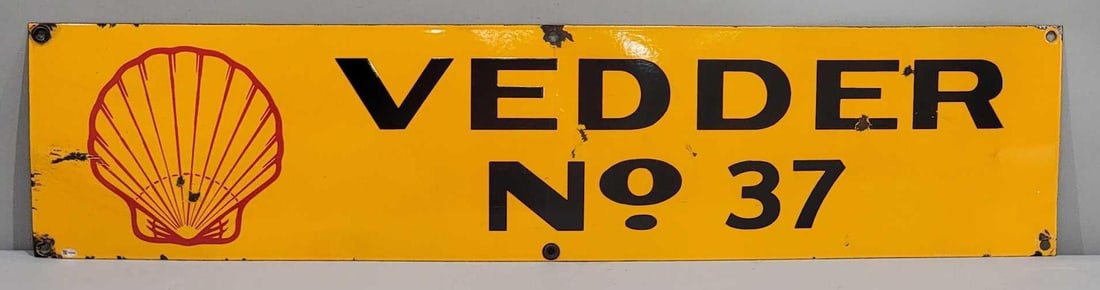 (Shell) Vedder No. 37 Porcelain Well Sign (TAC): rated 8.25, 11"x48.25", the SSP sign has very good color and gloss, has small chips in the field. Rarity 2. TAC #032443