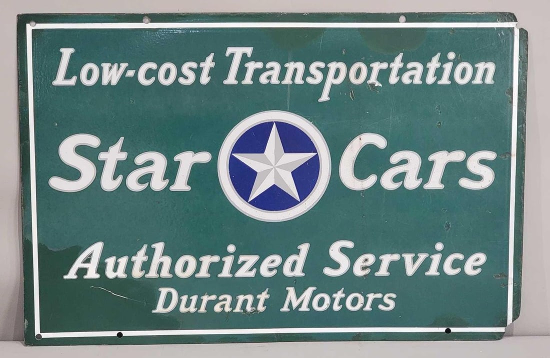 Star Cars w/Logo Authorized Service Durant Motors Porcelain Sign (TAC): rated 7, 24"x36", the DSP sign has chips, wear and the lower right-hand corner has been restored. Rarity 3. TAC #042454