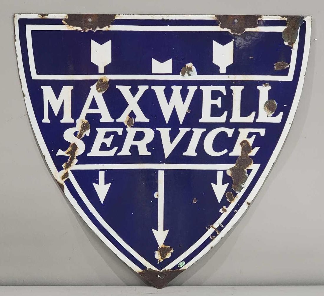 Maxwell Service w/Logo Porcelain Sign (TAC): rated 6.5, 24"x24", the DSP die-cut sign has good color, some gloss, has chips and wear, large chips around the perimeter. Rarity 5. TAC #032462