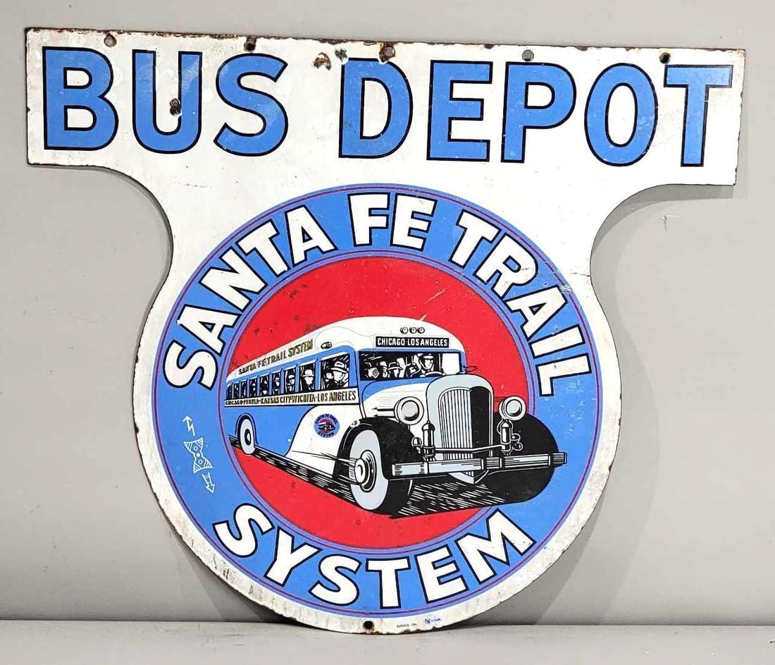 Santa Fe Trail System Bus Depot w/Image Porcelain Sign (TAC): rated 6.5, 23"x26", the DSP die-cut sign was in a fire, has damage, marked Burdick. Rarity 4. TAC #032488