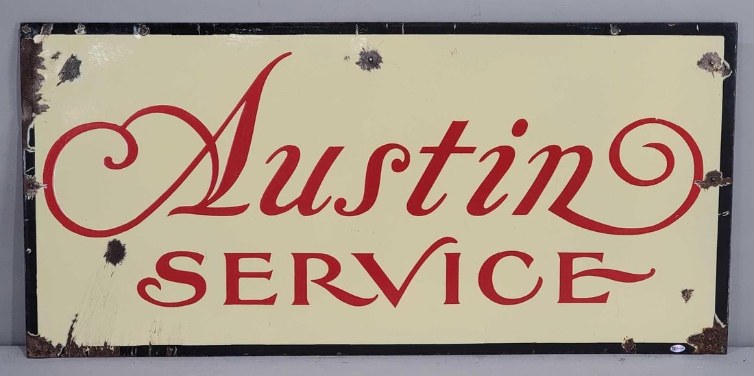 Austin Service Porcelain Sign (TAC): rated 7.5, 17"x35.75", the DSP sign has good color and gloss, has chips in the field and around the perimeter, has nail holes. Rarity 5. TAC #036616