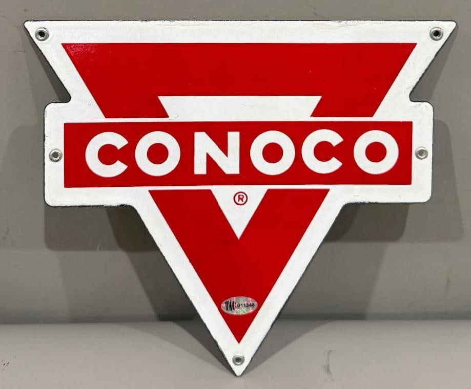 Conoco (motor oil) Porcelain Rack Sign (TAC): rated 9.75, 7.5"x8.5", the SSP die-cut sign is nice. From the Bob Knudson collection. Rarity 1. TAC #011348