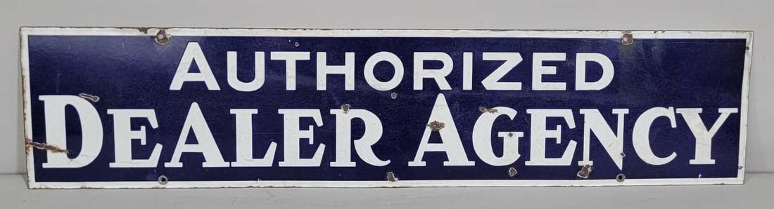 Authorized Dealer Agency Porcelain Sign (TAC): rated 7, 9"x40". This SSP sign has wear, chips and scratches. TAC #061644
