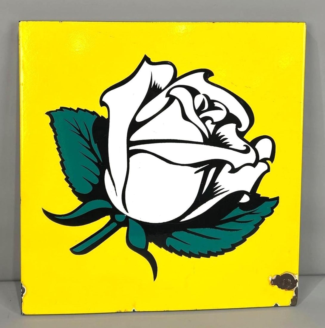 (White Rose) Image Porcelain Sign (TAC): rated 8.5, 18"x17.5", the DSP sign with side flanges, has good color and gloss, has extra hole and chips in the lower left-hand corner. Rarity 4. TAC #062912
