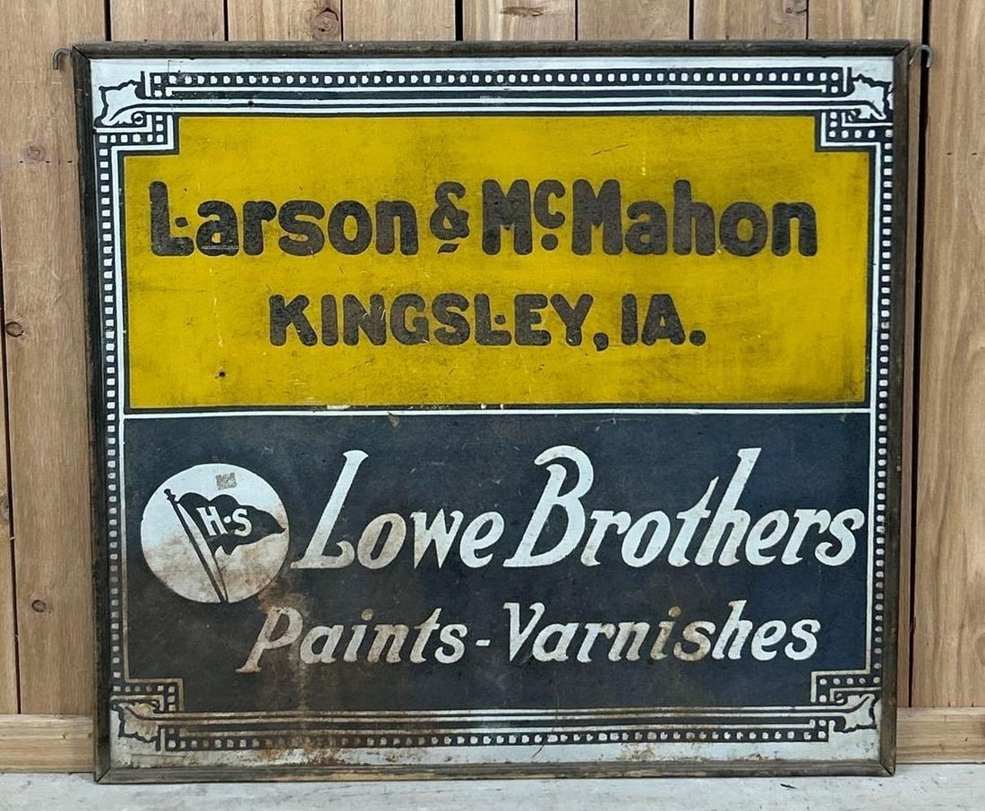 Lowe Brothers Paints-Vanishes Smaltz Painted Metal Sign (TAC): rated 6.5, 37"x40", the SST Smaltz painted sign has wear, rust and staining, wood framed. TAC #062918