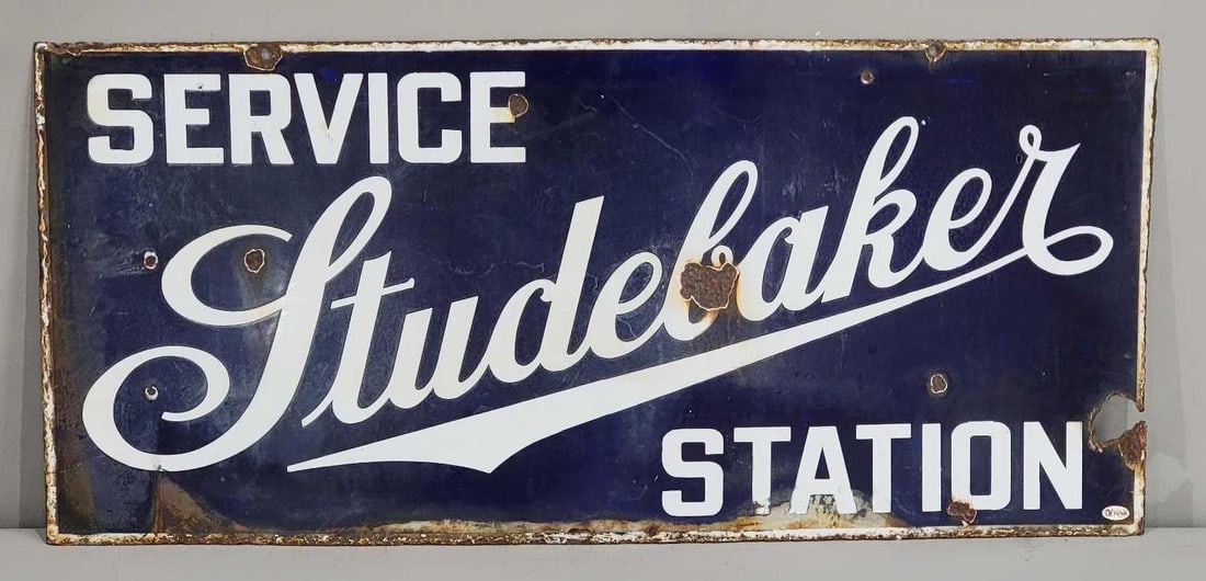 Studebaker Service Station Porcelain Sign (TAC): rated 7 & 5, 13.25"x30", the DSP sign display has wear, chips and staining, reverse is faded. TAC #032420
