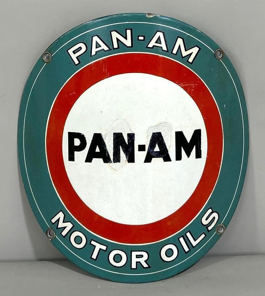 Pan-Am Motor Oils Porcelain Curved Sign (TAC): rated 7.5, 15"D. This SSP curved sign has good color and gloss. Sign has wear and two large touched up chips in the field. TAC #059124
