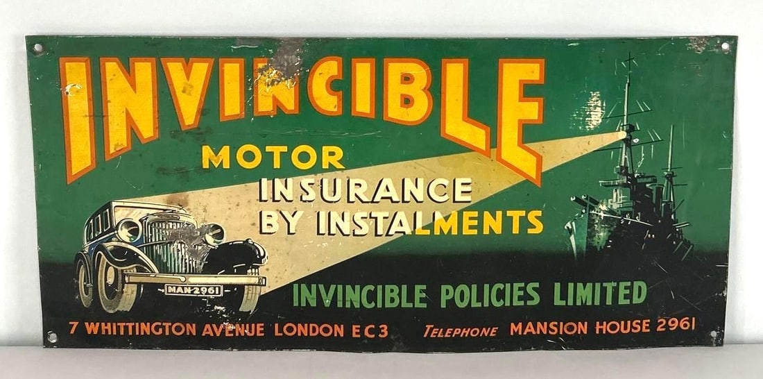 Invincible Motor Insurance Fantasy Sign W/ Automobile And War Ship Graphic (1 of 4)