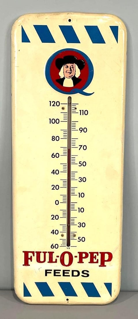 Ful-O-Pep Feeds Embossed Tin Thermometer W/ Quaker Gentleman Graphic (1 of 5)