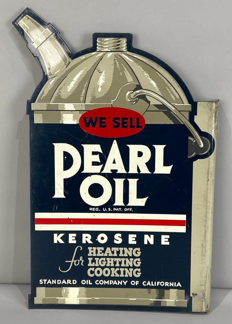 Standard Of California Pearl Oil Flange Sign: (Rated 8.0, 7.5). 11.75" x 19.25". This DST flange sign has good color and shine throughout. Display shows moderate surface scratching and staining on both fields and along the edge. Reverse shows sli