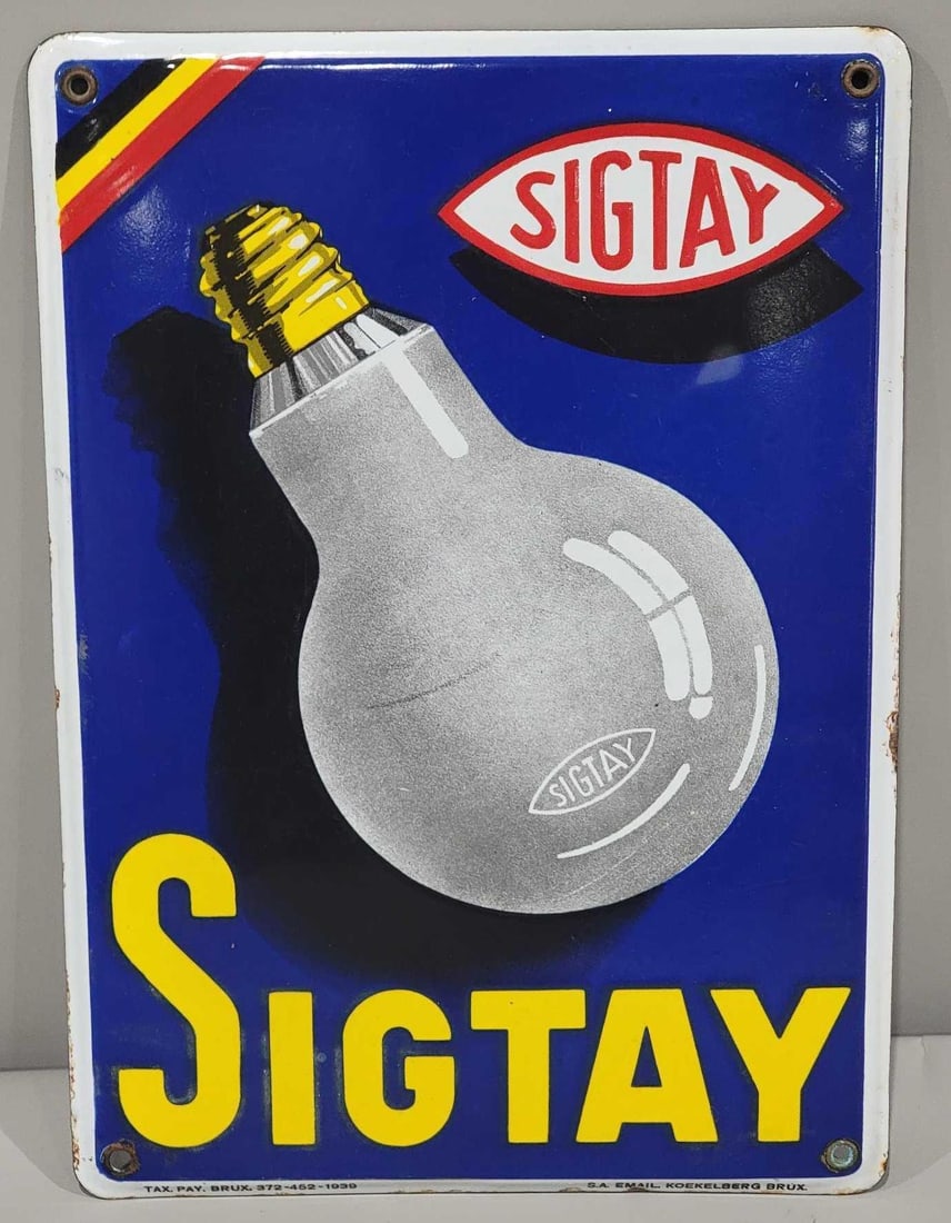 Sigtay w/Image Porcelain Sign (TAC): rated 9, 13.75"x9.75", the SSP rolled edge sign has good color and gloss, field is clean, has tiny chips around the perimeter, marked. TAC #063209