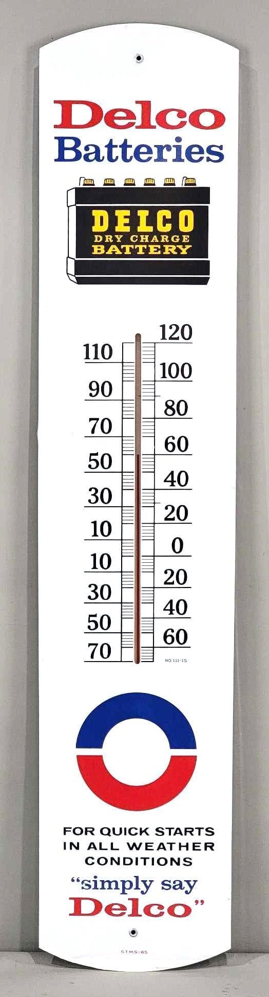 Delco Batteries w/Logo Metal Thermometer (TAC): rated 8.5, 38.25" x 9" x 1". Canadian. 1965. Single-sided painted metal (SST). Marked, "S.T.M.S - 65" lower edge and "No. 111-15" beneath thermometer gauge. Grade: 8.75. Excellent color and gloss. Ove