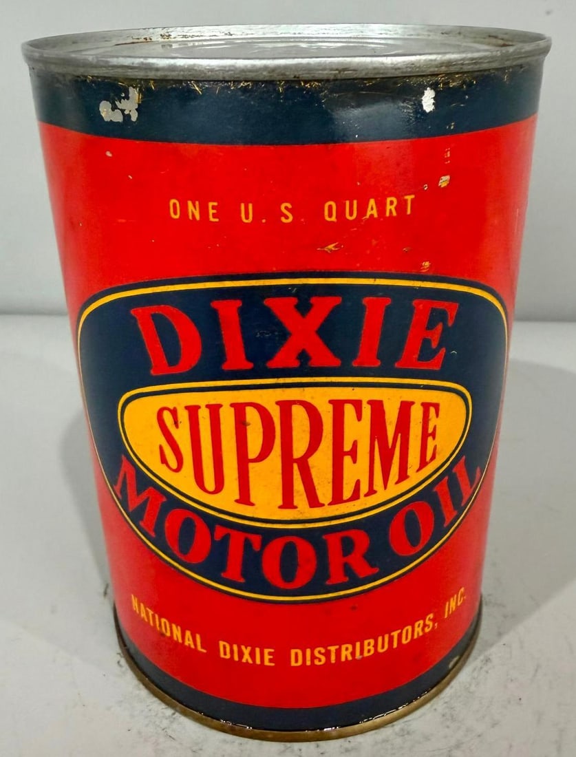 Dixie Supreme Motor Oil Metal Quart Can: Rate 8.5, the metal quart can has good color, shows only light wear, is full
