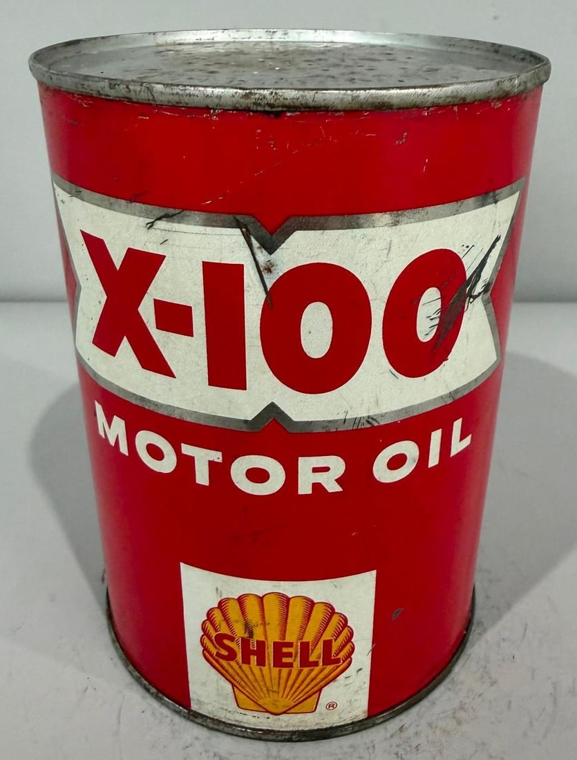 Shell Motor Oil w/ Shark Tooth Logo Metal Quart Can: Rate 8, the metal quart can has good color and shine, shows some wear from age and use, is empty