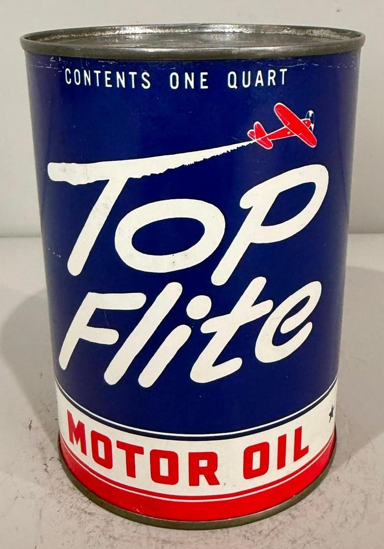 Top Flite Motor Oil Metal Quart Can: Rate 8.9, the Metal Quart Can has excellent color and shine, is full, a very nice can with only a few small blemishes