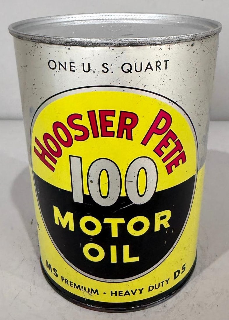 Hoosier Pete "100" Motor Oil Metal Quart Can: Rate 8.25, The Metal Quart can is Re-Rolled, shows light wear