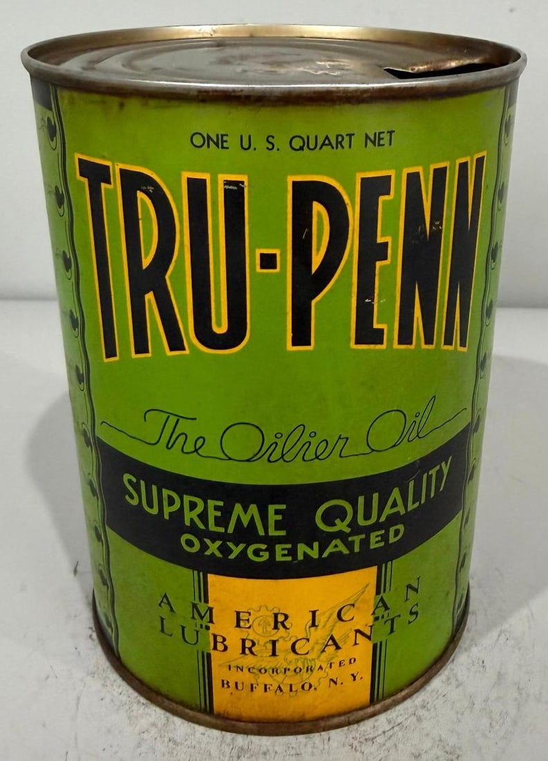 Tru-Penn Motor Oil Metal Quart Can: rate 7.9, the metal quart can shows some minor grime from age and use, a super unique can that could stand a deep cleaning to heavily increase the condition, is empty