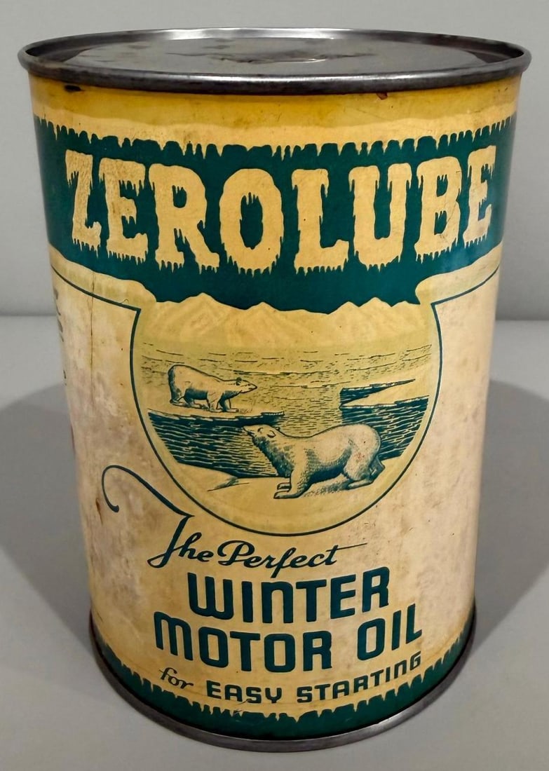 Zerolube Winter Motor Oil Metal Quart Can: Rate 8, the metal quart can has good color and strong graphics, but does show some wear, is empty, a great displaying and cool can