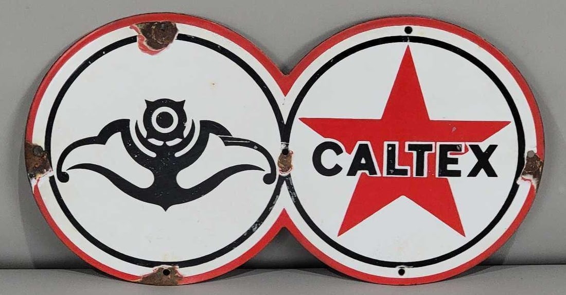 Caltex Star Logo Eight-Ball Porcelain Sign (TAC): rated 7.5, 7.75"x14.25", the SSP diecut sign has good color and gloss, has chips at most of the mounting holes. Rarity 3. TAC #063277