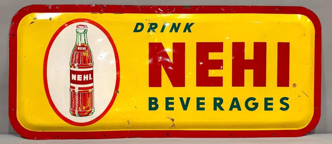 Drink Nehi Beverages Metal Sign: rate 7.75, 22" x 52", The Single Sided Metal Sign has good color and shine, shows some areas of wear from age and use