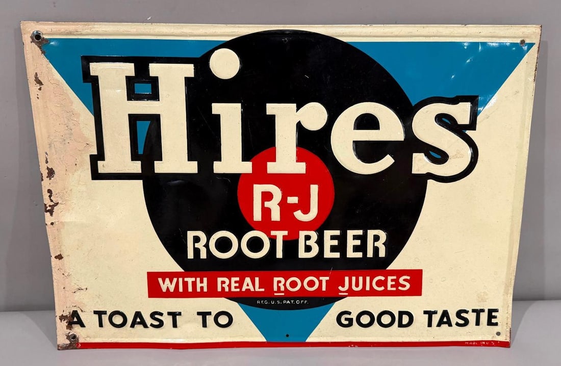 Hires Root Beer Metal Sign: rate 7.75, 13" x 20", the single sided embossed metal sign has excellent color and shine, shows some areas of paint loss especially on the left edge that has been touched up
