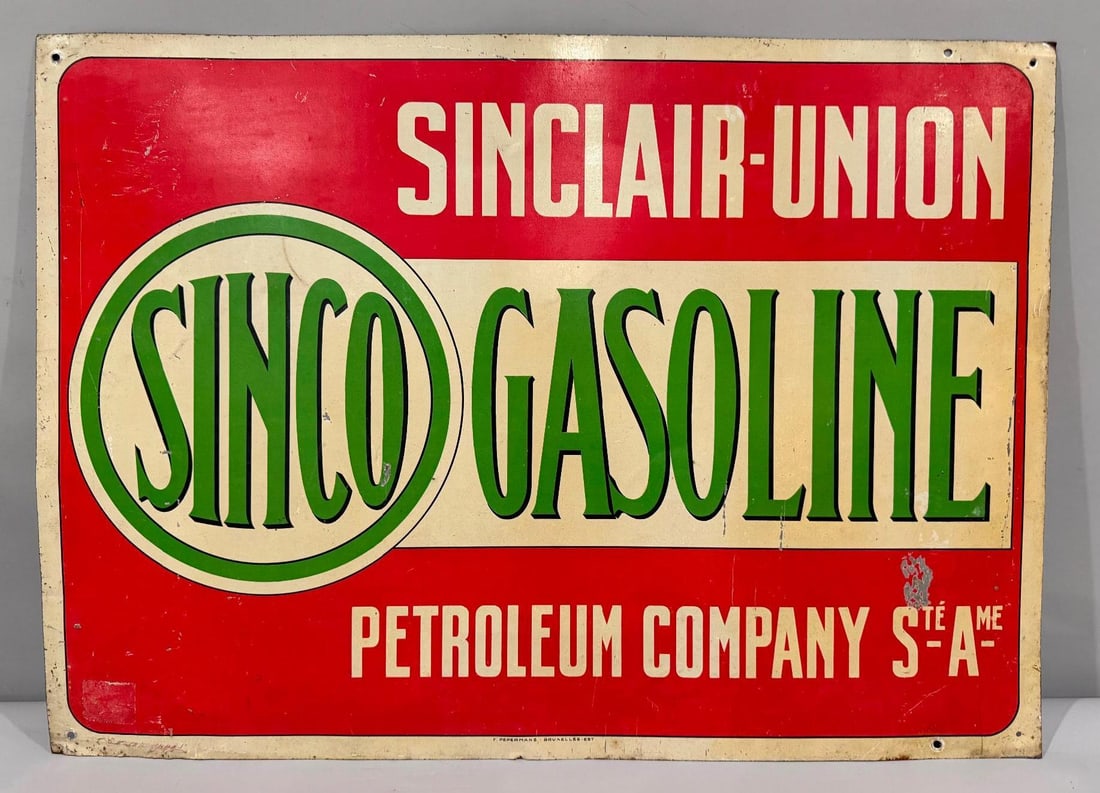 Sinclair Sinco Gasoline Metal Station Sign: rate 7.75, 20 x 27.5", the single sided metal sign has good color, does show wear, unique sign that we have not sold before 
