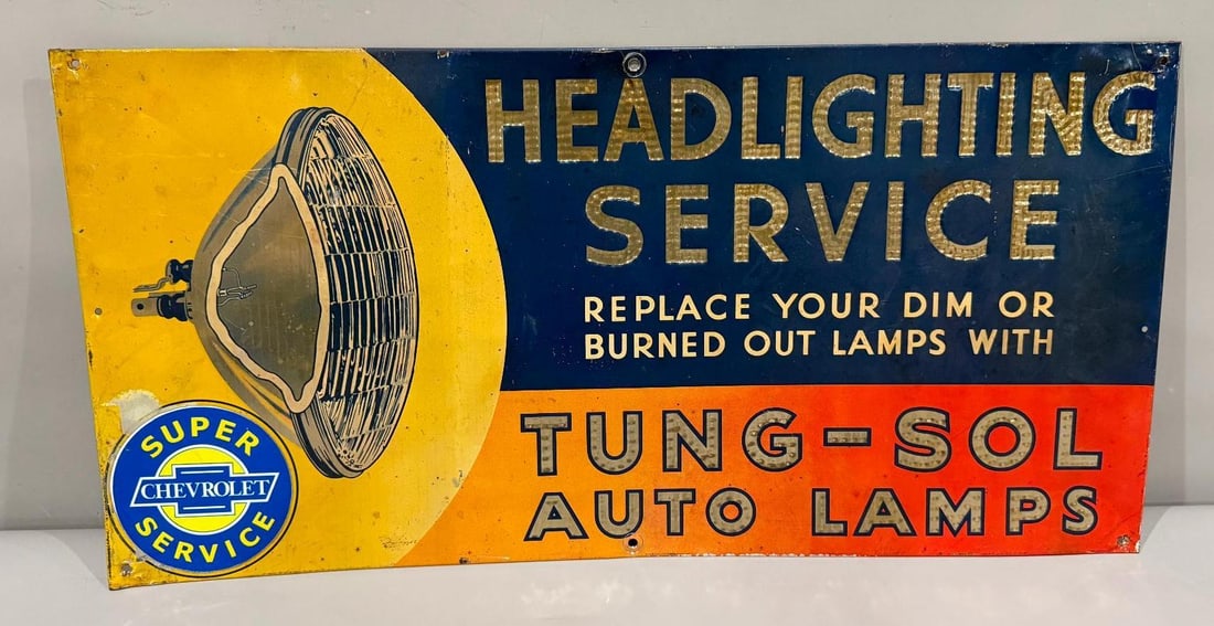 Tung-Sol Auto Lamps Metal Sign: rate 7.5, 11.5" x 23", The single sided debossed metal sign shows areas of wear, the Super Chevrolet decal was added 
