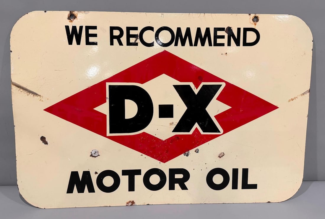 D-X Motor Oil Porcelain Sign: rate 7.5, 20" x 30", the double sided porcelain sign shows chips and wear