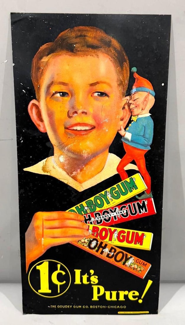 Oh Boy Gum Lithograph On Tin Sign W/ Elf Graphic (1 of 4)